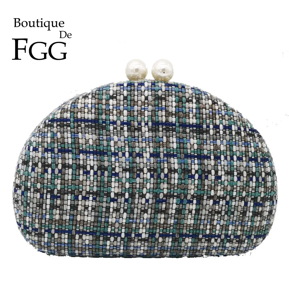 

Boutique De FGG Woven Knitted Women Clutches Evening Purses and Handbags Pearls Clasp Ladies Fashion Chain Shoulder Bags