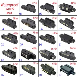 5pcs TYPE C 2/4/6/16Pin Waterproof Female USB C Socket Port with Screw Hole Fast Charge Charging Interface 180 Degree Connector