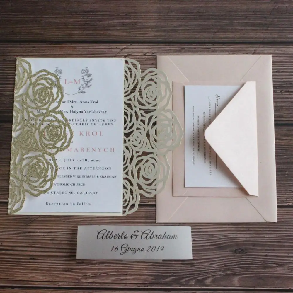 Luxury wedding invitation marriage small thank you card with transparent belly band and two envelopes offer customized design