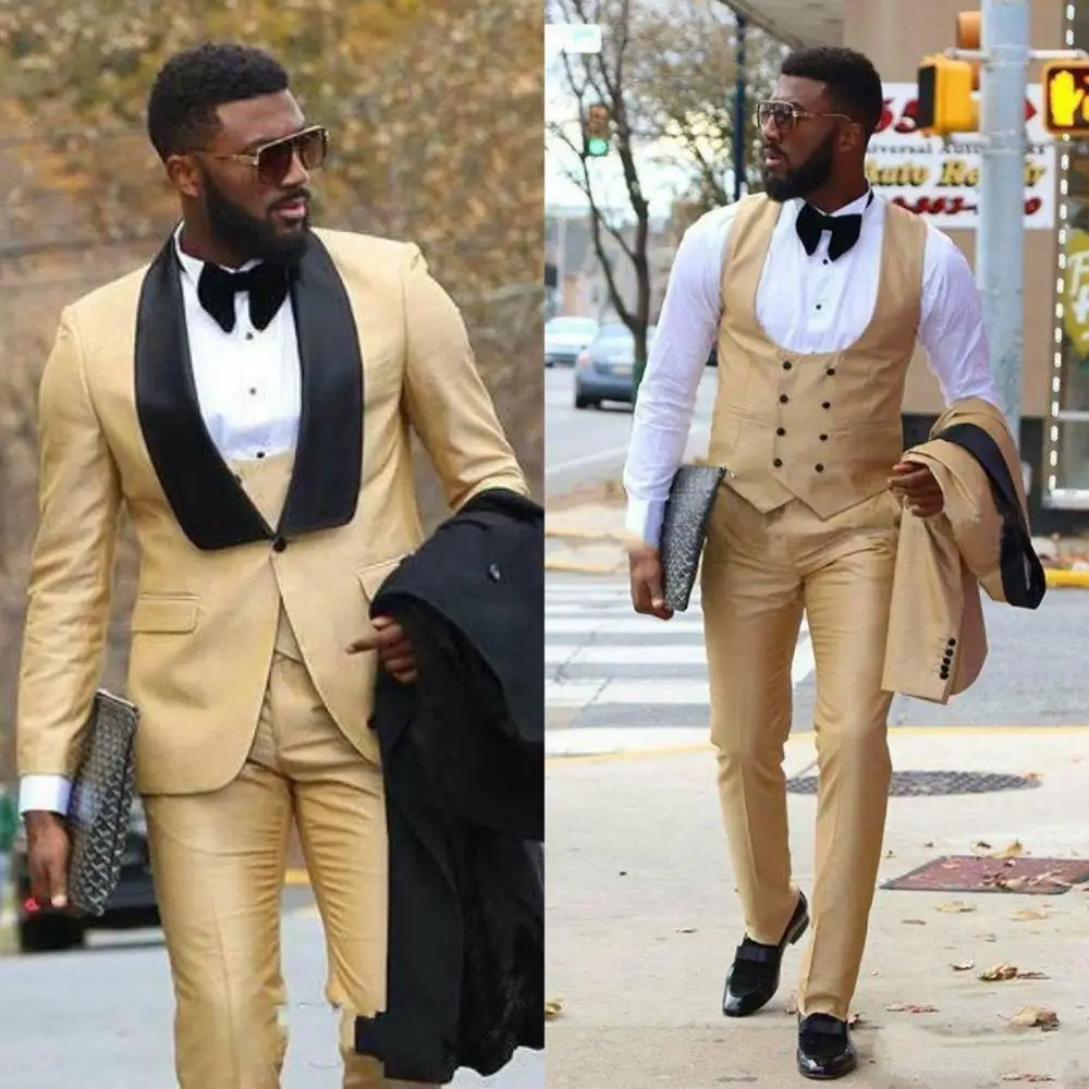 Chic Gold Mens Prom Suits Bruidsjonkers Bruiloft Smoking Voor Mannen Blazers Shawl Revers Een Knop Formele Pak (Jasje + broek + Vest)