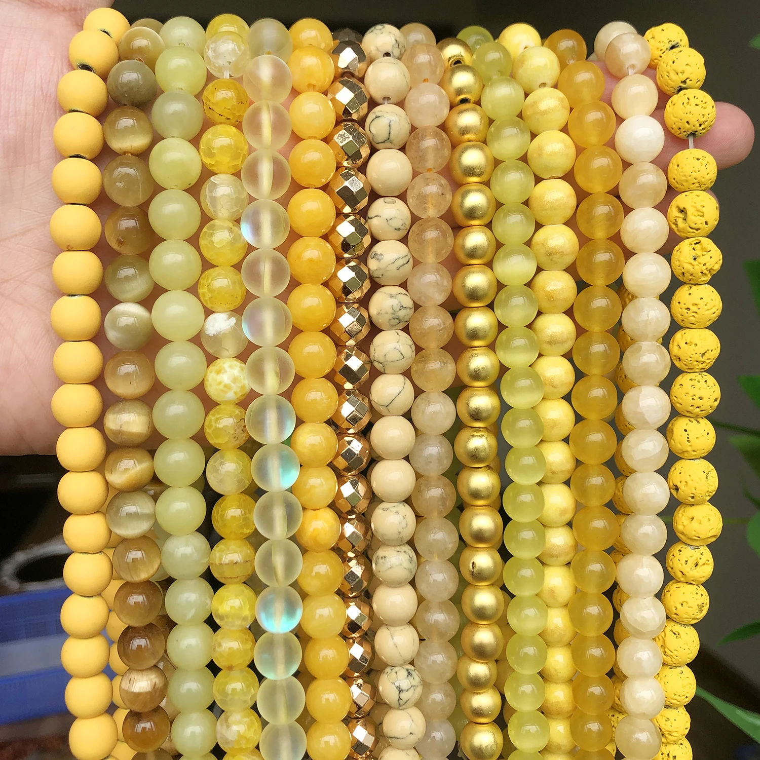 Gold Color Beads Natural Stone Yellow Jade Agate Hematite Lava Round Loose Beads for Jewelry Making DIY Handmade Bracelet 15\'\'