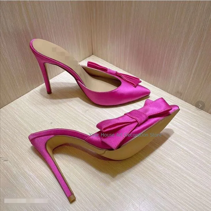 

Fashion Woman Thin High Heel Slipper Sandals Rose Red Bowknot Pointed Toe Female Summer Slip On Shoes