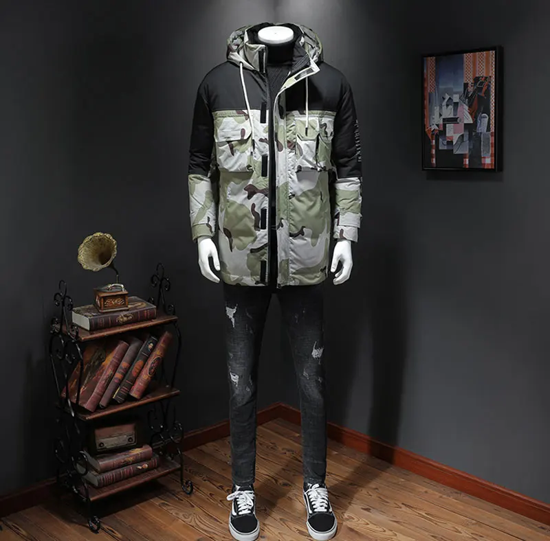 Jaqueta de inverno camuflada masculina, casaco longo de algodão grosso, acolchoado com capuz, sobretudo para homens