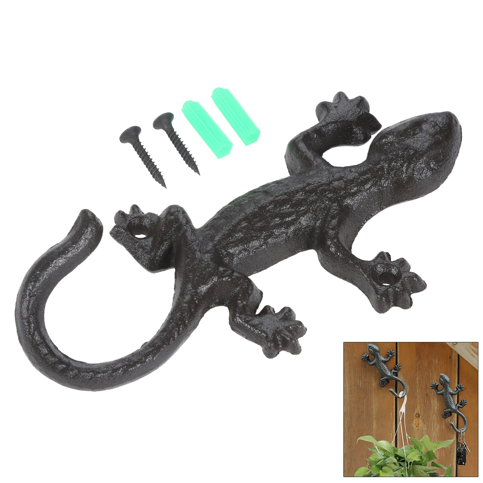 1set Cast Iron Gecko Wall Hook Rustic Wall Hanger Lizard Creative Antique Animal Vintage European Kitchen Bathroom Decor w/screw