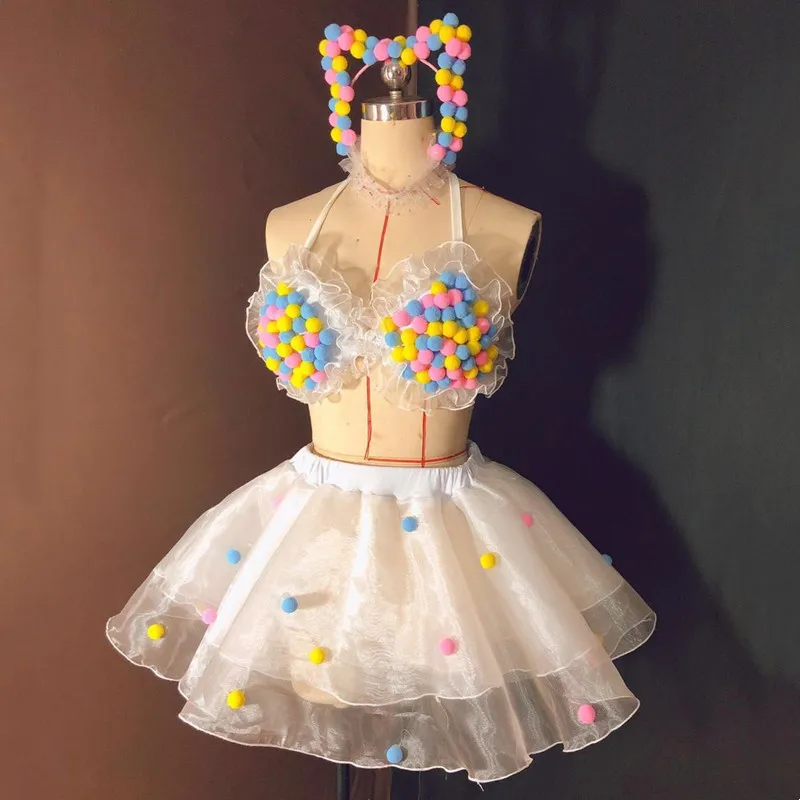 Lovely Candy Balls Bikini Sexy Bra Shorts Mini Skirt Set Nightclub Bar DJ Lady Singer Costume Dance Team Performance Stage Wear