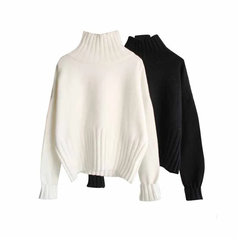 Zoki Large Size Women Turtleneck Pullover Sweater Autumn Winter Loose Knitted Jumper Thick Long Sleeve Black White Sweater Coat