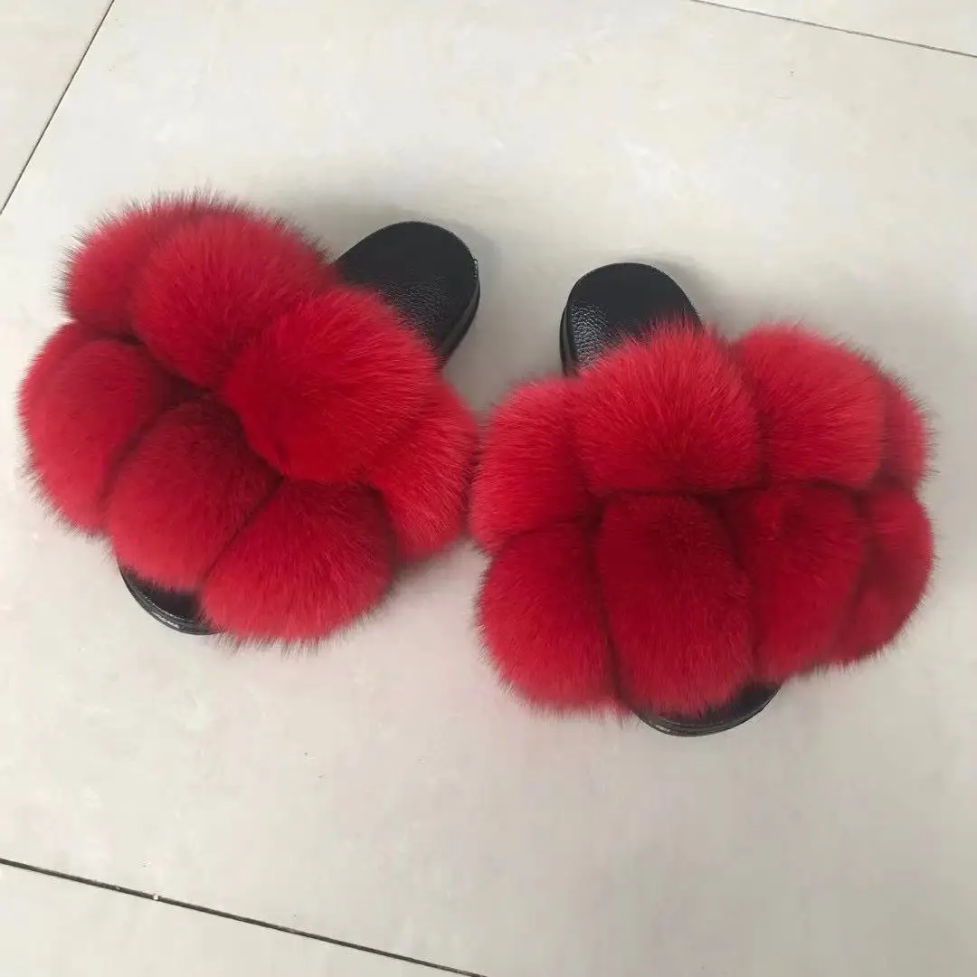 Hot Pom Pom Fur Slippers Women Fluffy Sliders Furry Sandals Real Rabbit Fur Slippers Fox Fur Slides Multicolor Customize