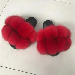 Hot Pom Pom Fur Slippers Women Fluffy Sliders Furry Sandals Real Rabbit Fur Slippers Fox Fur Slides Multicolor Customize