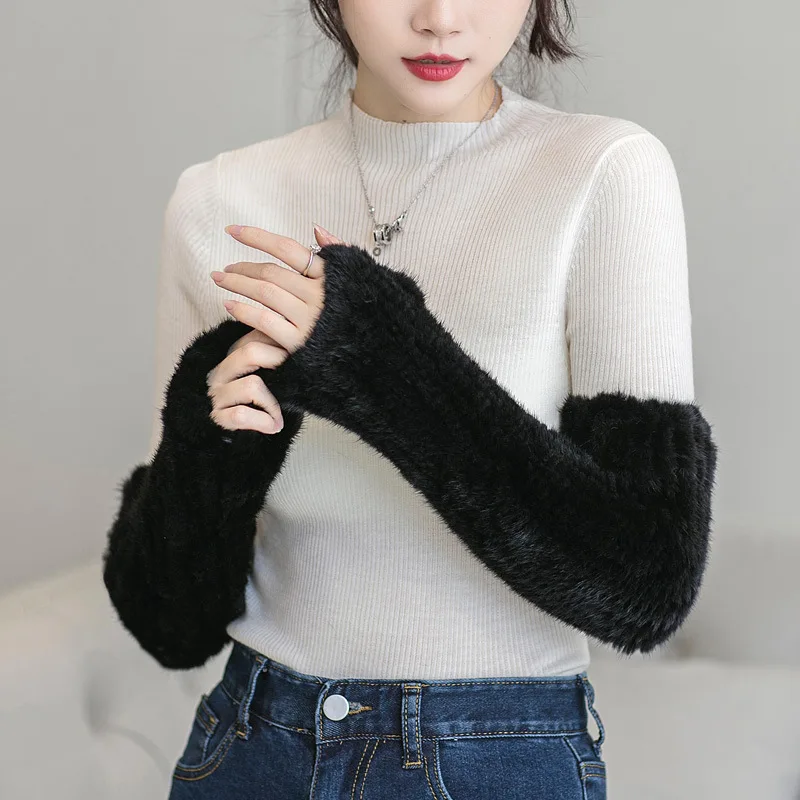 BF Genuine Mink Fur Long Gloves for Women, Arm Sleeves, Keep Warm, Knitted, High Elastic, Half Finger, Elbow, Autumn, Winter