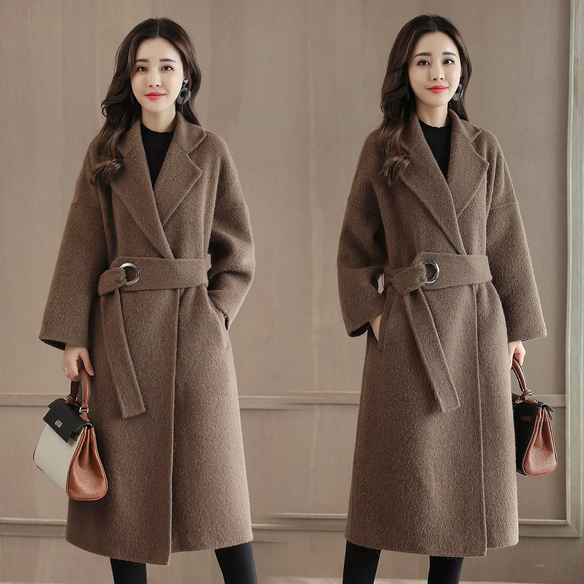 2020 Winter Office Lady Belt Women Long Winter Wool Blend Coat Turn-down Collar Wool Coat And Jacket Loose Solid Outerwear