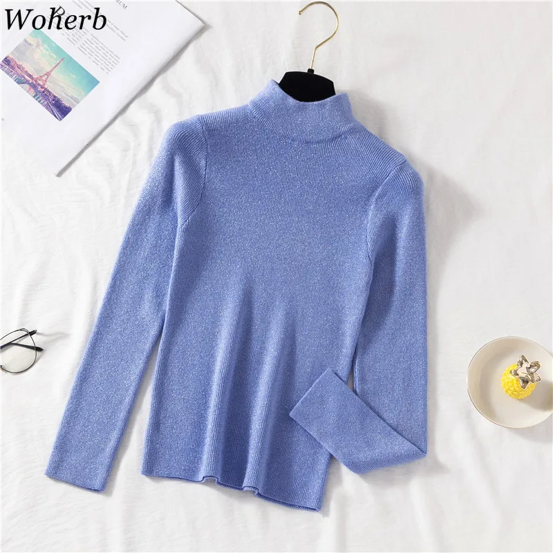 Woherb Lurex Glitter Women Sweater Autumn Winter Turtleneck Pullover Jumper Fashion Elegant Solid Stretch Female Sweaters Top