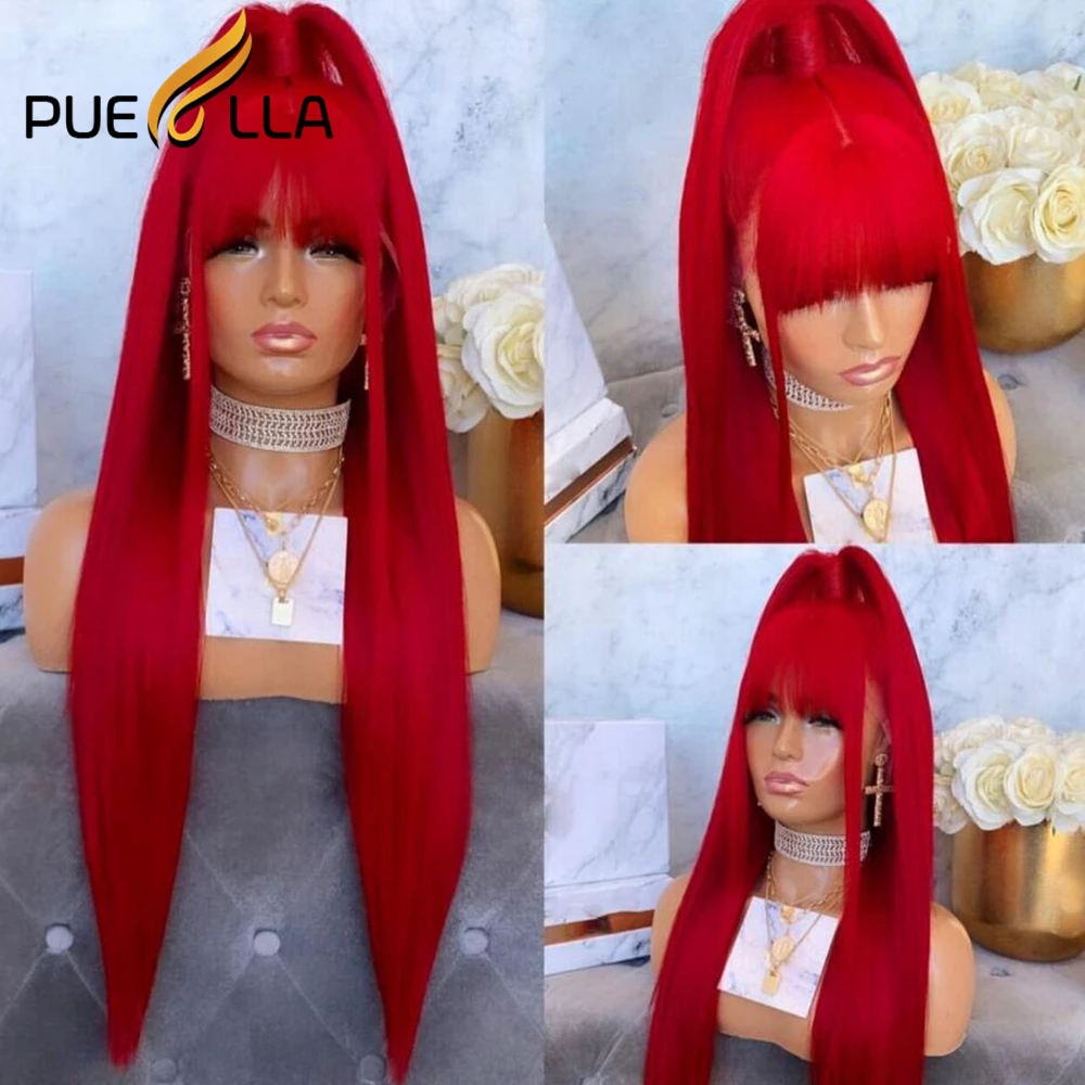 Wig rambut manusia renda depan merah 13x4 dengan poni rambut manusia renda lurus Brasil untuk wanita 13x6 Wig depan renda rambut manusia