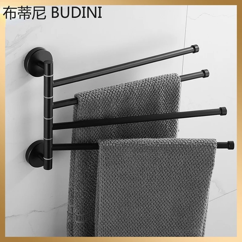 Nordic Black/Silver Rotating Towel Bar Space Aluminium Activity Towel Rack Wall-hung Punching-free Bathroom Storage Rack