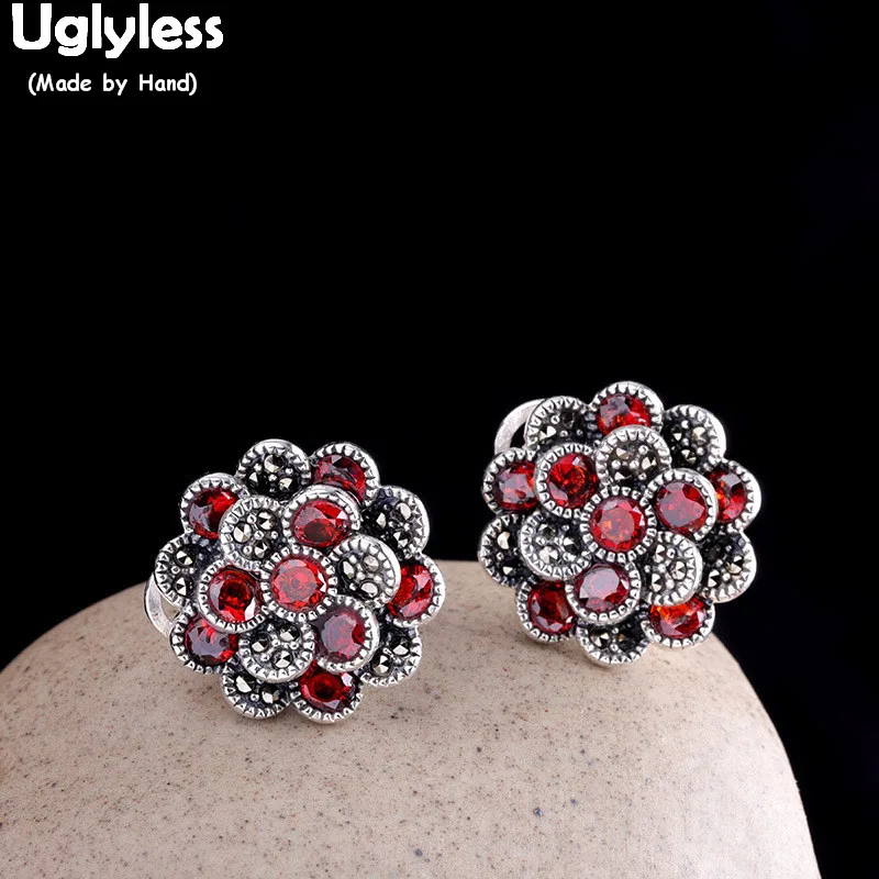 

Uglyless Blooming Flower Garnet Earrings for Women Vintage Ethnic Marcasite Stud Earrings Real 925 Silver Brincos Jewelry E1540