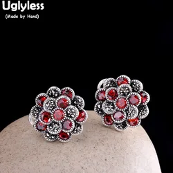 Uglyless Blooming Flower Garnet Earrings for Women Vintage Ethnic Marcasite Stud Earrings Real 925 Silver Brincos Jewelry E1540
