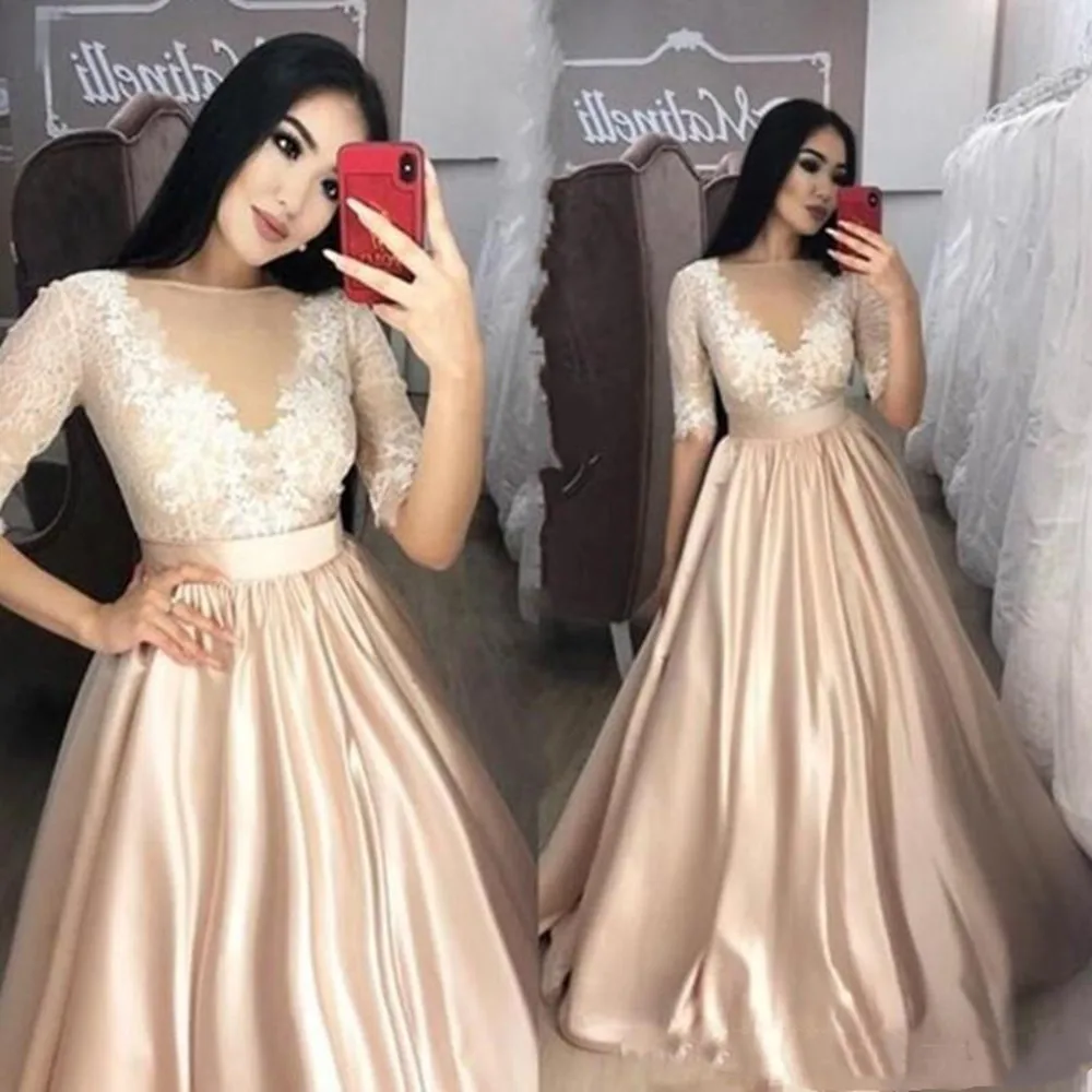 

A-Line Sheer Jewel Neck Prom Long Sleeves Lace Floor Length Half Sleeve Applique Party Gown Fashion Satin Evening Formal Dresses