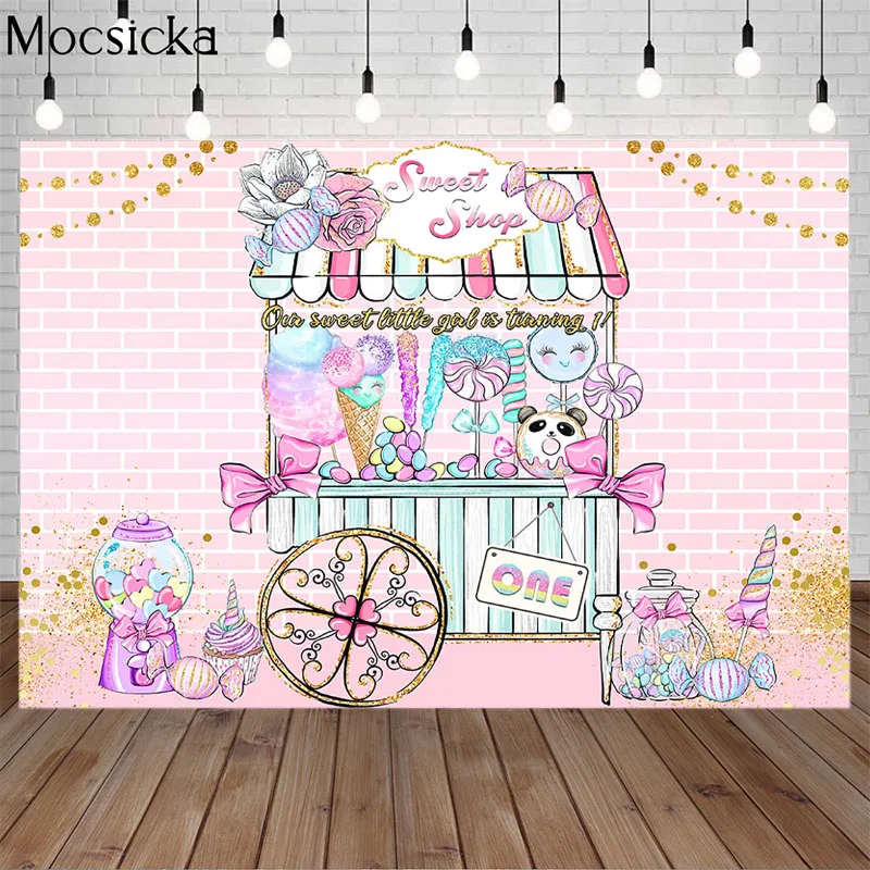 

Sweet Candy Cart Shop Birthday Background Candy Machine Lollipop Pink Brick Wall Newborn Child Photography Backdrop Photo Studio