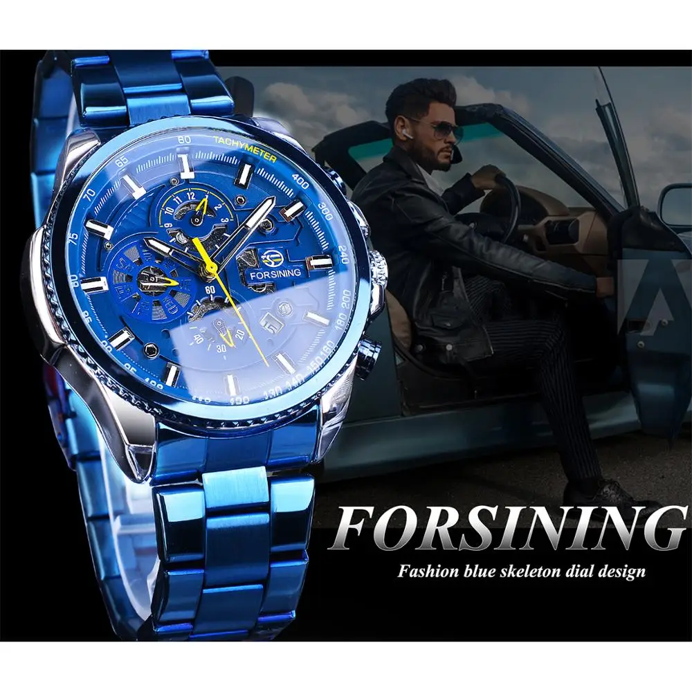 Imagem -03 - Forsining Relógio Automático Masculino Relógio com Pulseira de Aço Azul com Calendário Relógio de Pulso Mecânico à Prova Dágua Peças