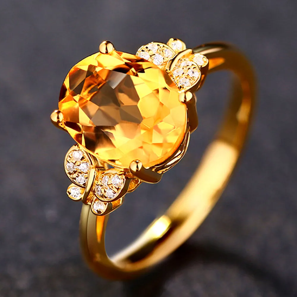 Oval Citrine gemstones diamonds Rings for women gold color yellow crystal butterfly bling jewelry bijoux bague party gifts