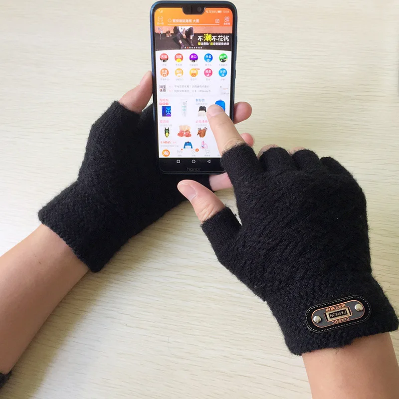 

Fashion Winter Acrylic Wool Plus Plush Thick Jacquard Knit Warm Half Finger Mittens Men Full Finger Touch Screen Gloves C2