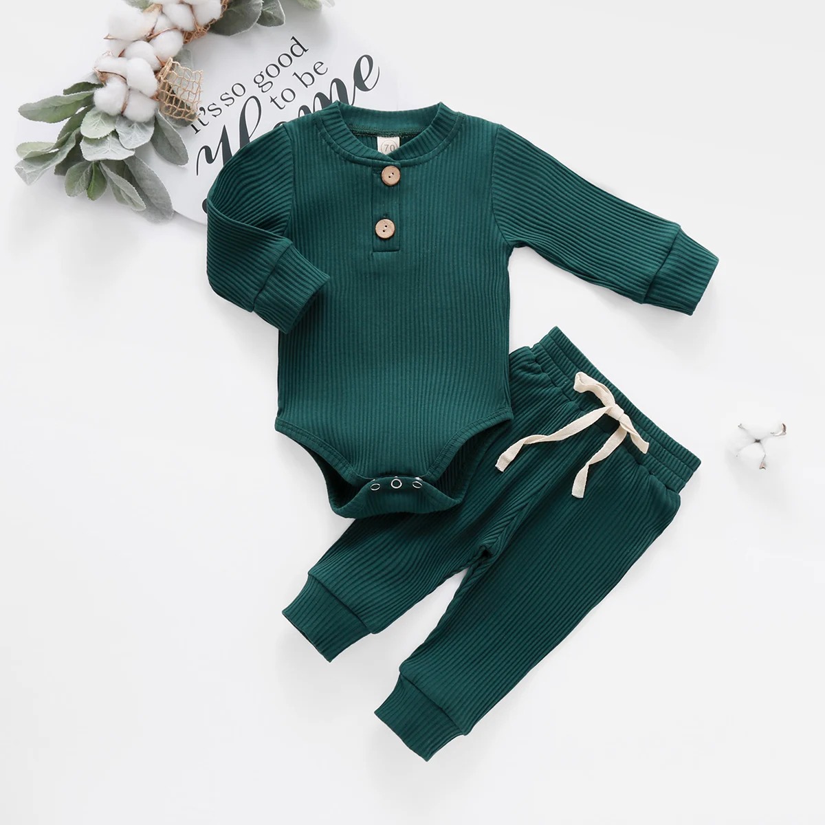 Newborn Infant Baby Girls Boys Ribbed Solid Clothes Sets Spring Autumn Long Sleeve Bodysuits + Elastic Pants 2PCs Solid Outfits