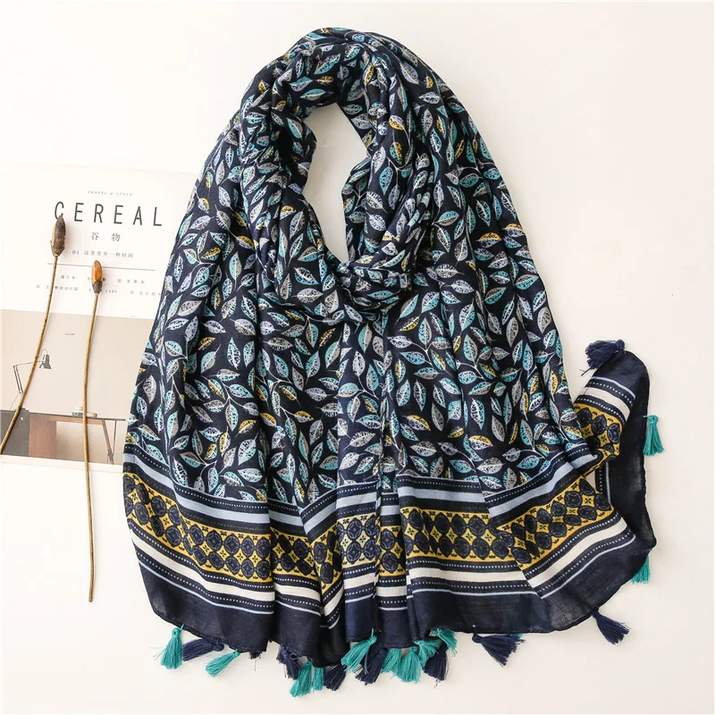 Fashion Winter Scarf For Women Hijabs Retro Green Leaf Floral Viscose Tassel Scarf Luxury Brand Wraps Female Scarves And Shawls