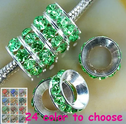 

h5n Gift 10mm Light Green Rhinestone Crystal Rondelle Spacer Beads Lot,Rhodium Plated Big Hole European Beads