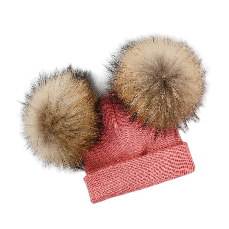 Winter Kinder Stricken Natürliche Waschbären Pelz Doppel Pompom Hut Für Mädchen Häkeln Echt Haar Baby Mütze Schal Kinder Beanie Motorhaube