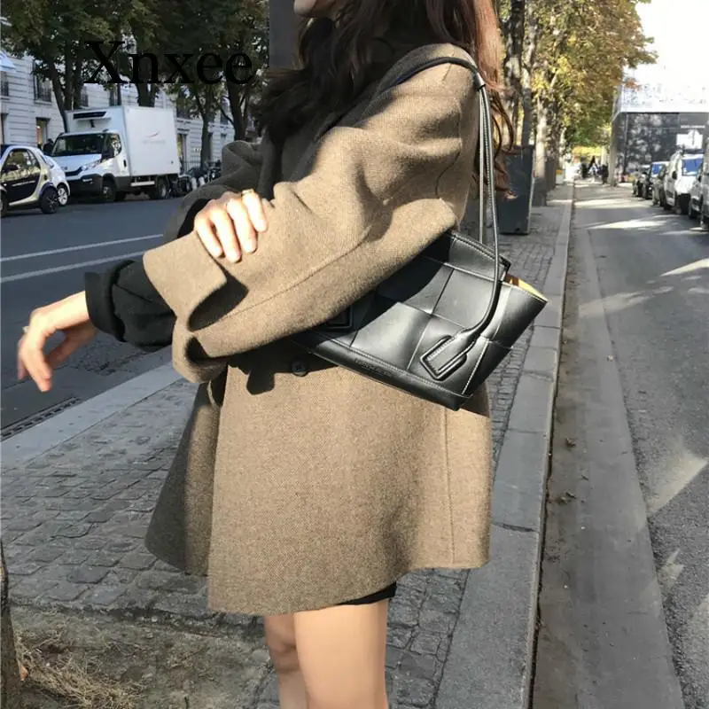 elegant Women Winter Elegant Short Cashmere Overcoat Wool Coat Loose Long Sleeve Double Breasted Parka Oversized Chic Cloak