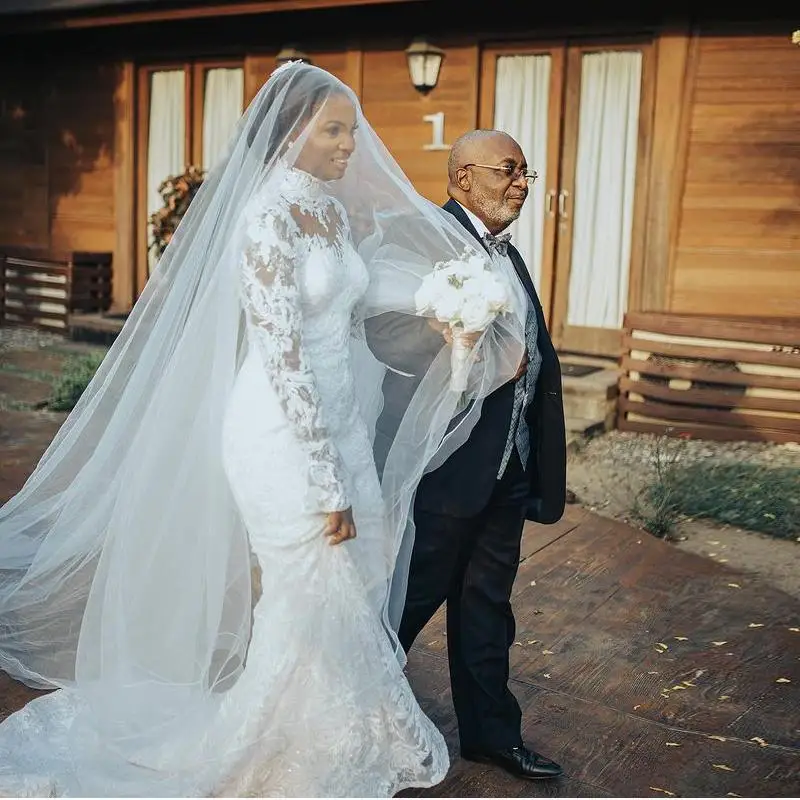 Vestidos de boda de sirena de talla grande, cuello alto, Apliques de encaje, cola de barrido, manga larga, boda, vestido de novia, 2021