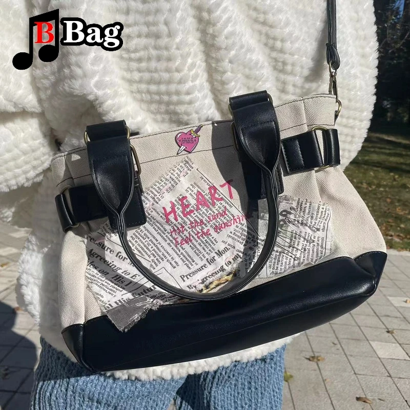 

Y2K Harajuku Women Girls Retro Canvas Newspaper Splicing Shoulder Bag Handbag High quality Messenger Bag Trend Cool Female Tote