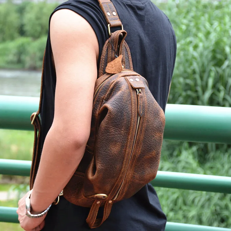 Vintage Leather Breast Package Male Brand Backpack Header Level niu pi bao Shoulder Bag Shoulder Bag Backpack Locomotive BAG