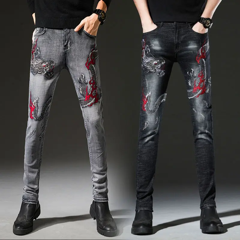 

Men’s Light Luxury Dragon Embroidery Jeans,High Quality Scratched Stretch Denim Pants,Slim-fit White-washed Casual Jeans;