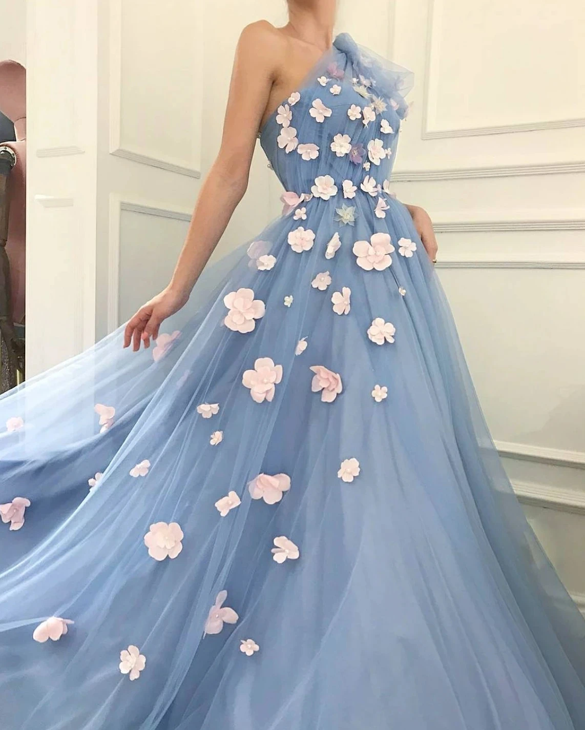 

BridalAffair Elegant Sky Blue A Line 3D Flowers Prom Dresses One Shoulder Evening Gowns Long Formal Occasion Dress