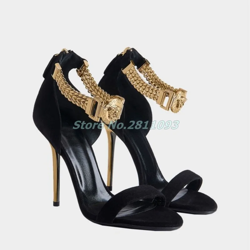 Black and Gold Chains Evening Shoes Sexy Stiletto Heels Sandals Suede Thin High Heels Ankle Metal Chain Decor Summer Sandals