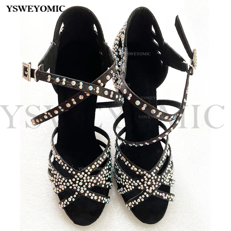 Rhinestones Women Latin Dance Shoes Black Satin AB Crystal High Cuban Heel 9cm Suede Outsole Bachata Salsa Latin Dance Shoes