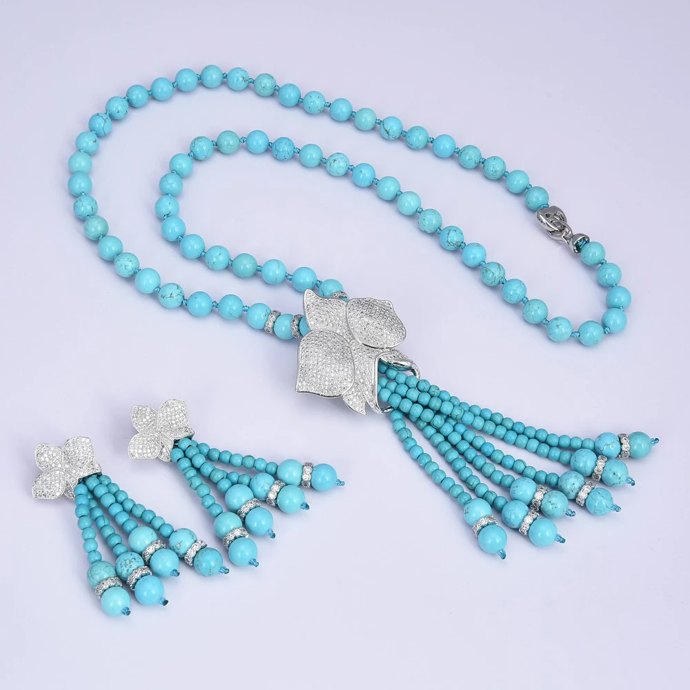 

25" Blue Turquoise Stone Cubic Zirconia Pave Flower Tassel Pendant Necklace Earrings Bracelet Sets For Women