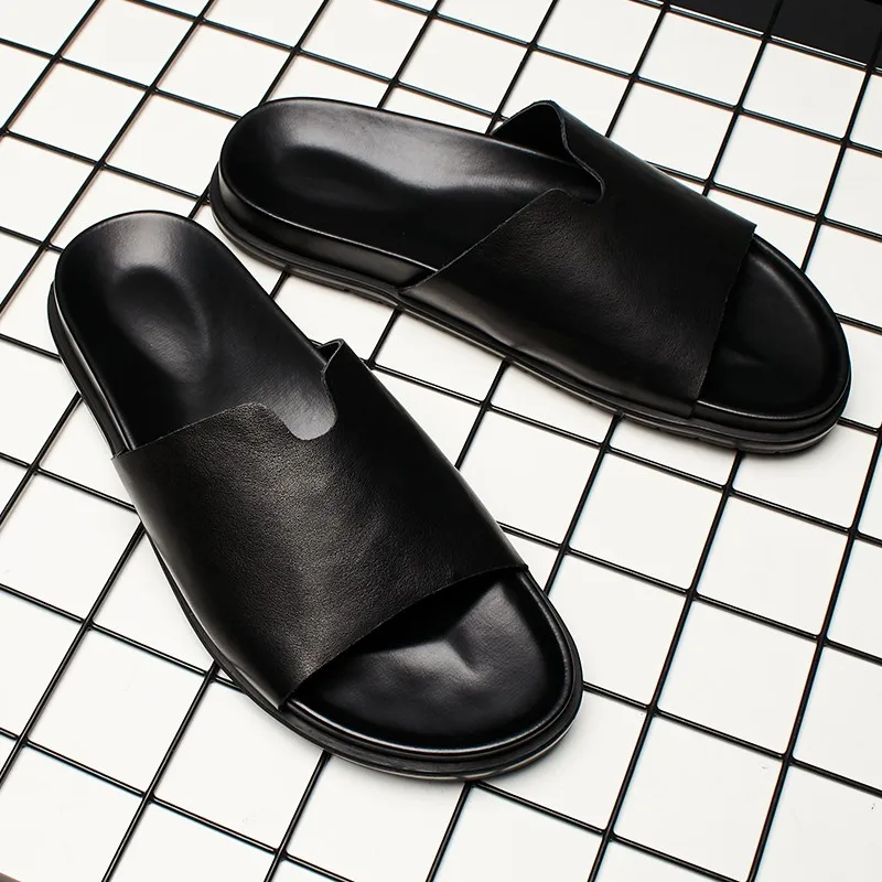 Summer Casual Mens Slides Shoes Genuine Leather Slippers Slip On Open Toe Black Bathroom Antiskid Flats Outside Beach Slippers