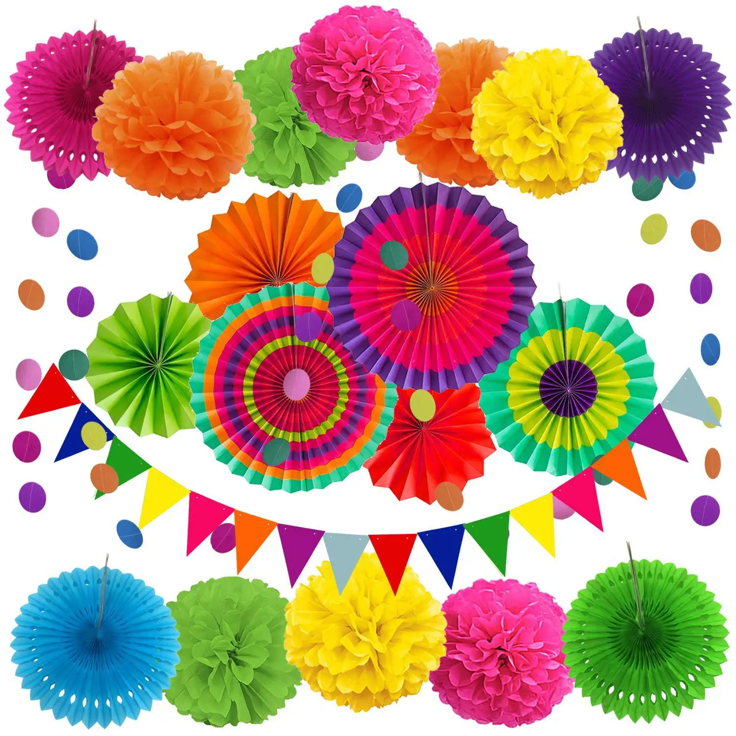 21 pcs Paper Fans Bunting Flags Pom Poms Flowers Garland For Christmas Decoration Wedding Baby Shower Birthday Party Room Decor