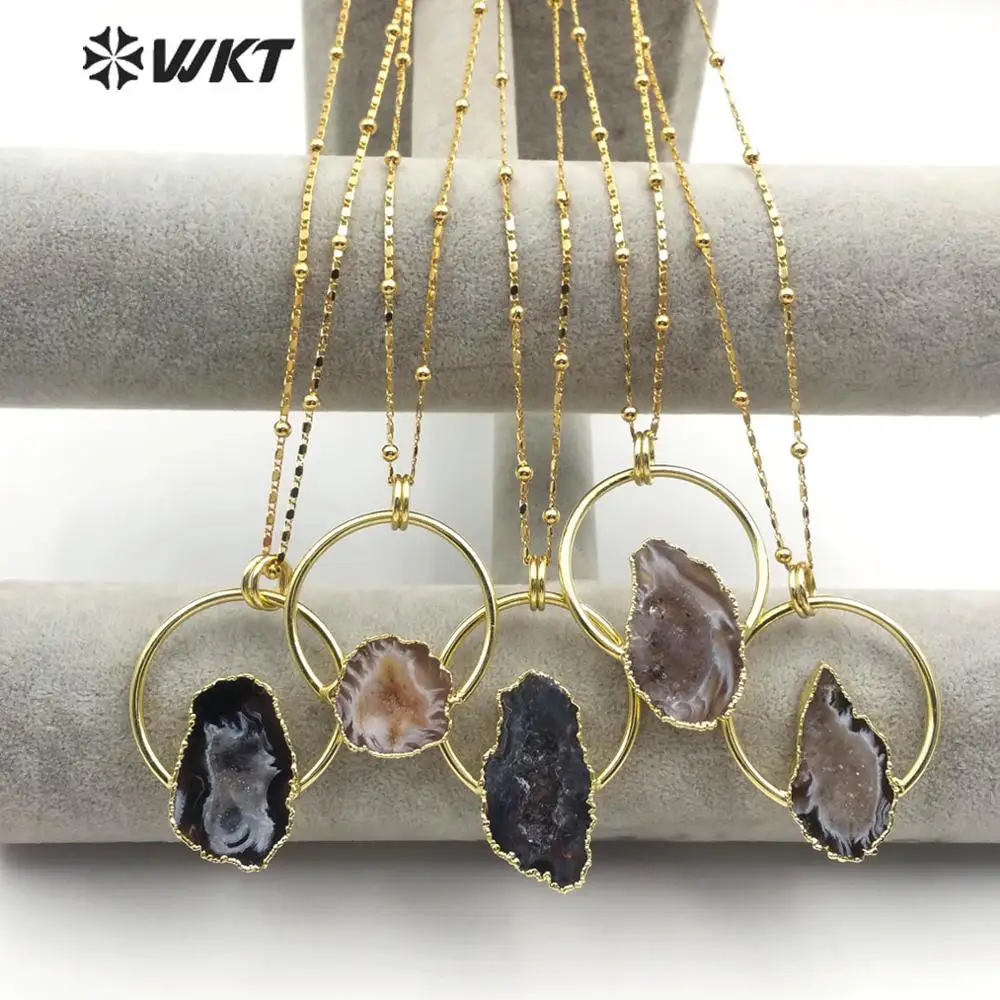 

WT-N1165 WKT Natural Druzy Geode Stone Gold Electroplated Irregular Shape Pendant Necklace Women Fashion Necklace Jewelry