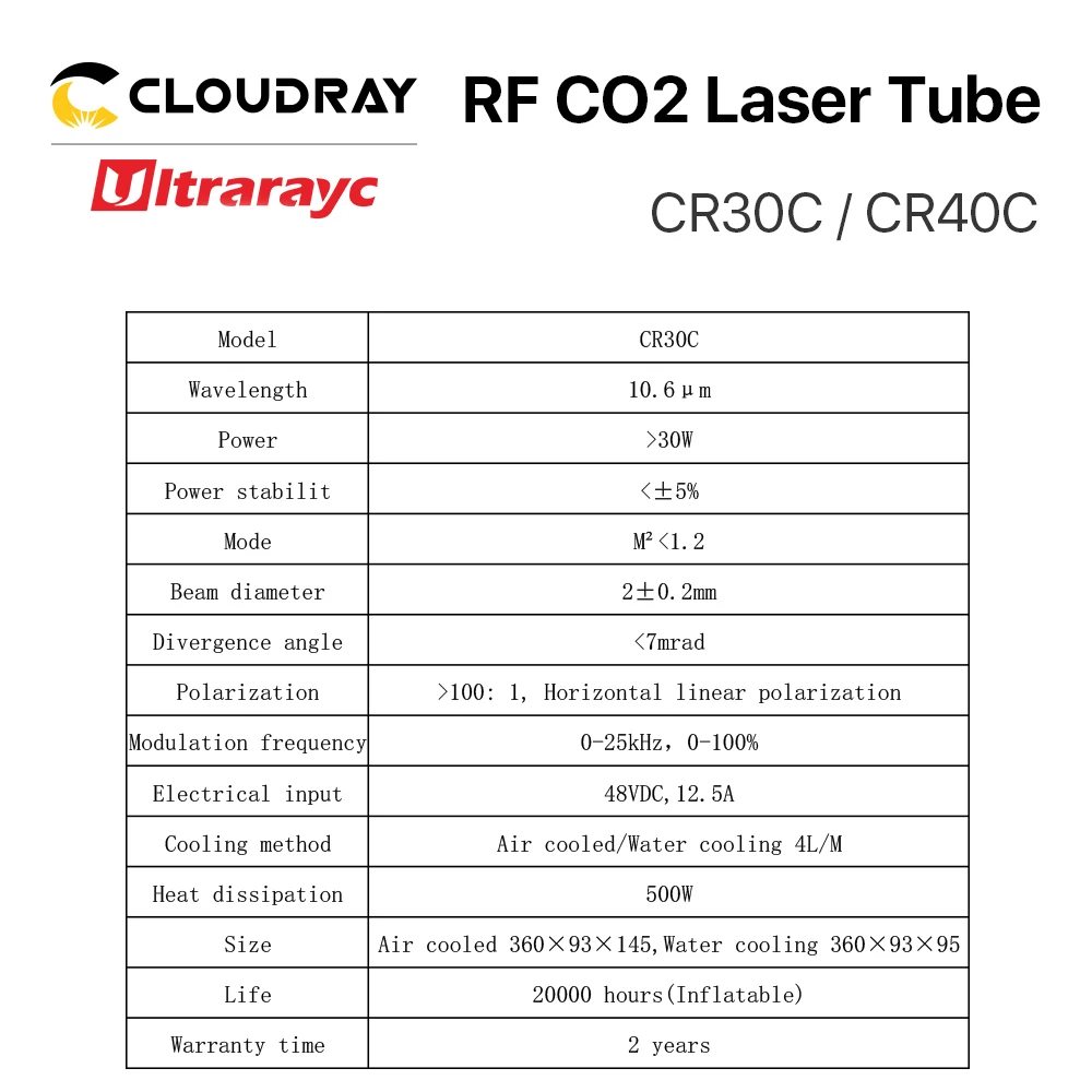 Ultrarayc CO2 RF Laser Tube 30W 40W 10.6um Metal Laser Tube CR30C / CR40C for Co2 Laser Marking Machine Cutting Machine