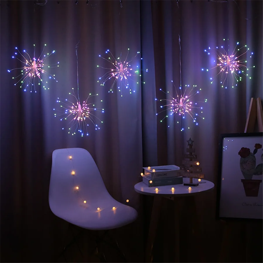 PAMNNY 10 IN 1 1200LEDs Hanging Firework String Lights EU Plug Starburst Christmas Fairy Lights Garlands for Garden Party Decor