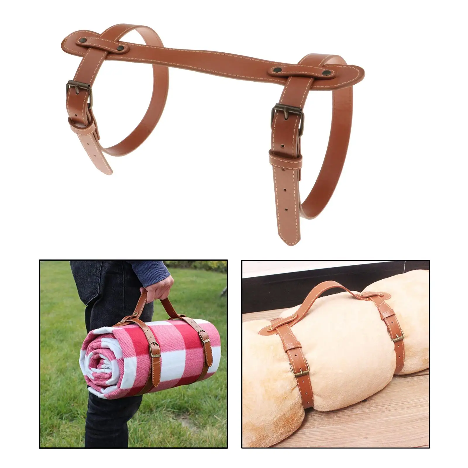 Picnic Rug Blanket Waterproof PU Leather Strap W/ Buckle for Indoor Oudoor