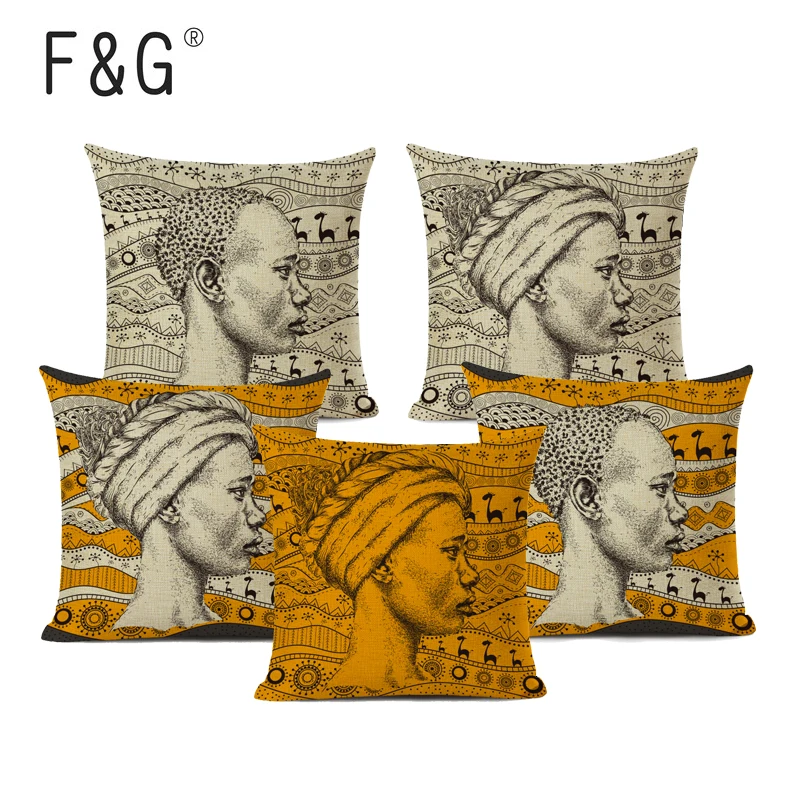 

African Woman Wearing Headscarf Decorative Cushion Cover African Style Pillow Case Linen Throw Pillow For Sofa Home Decor