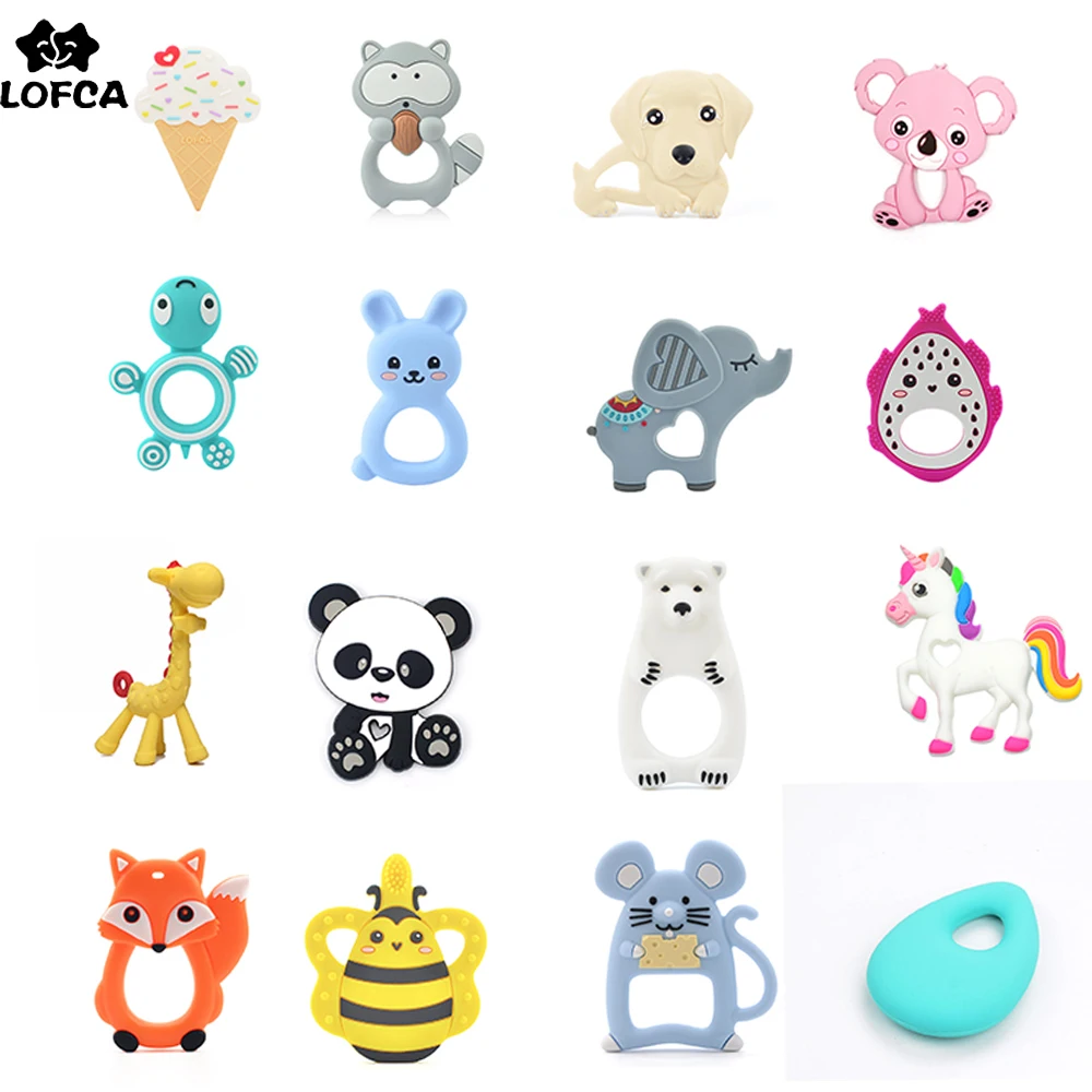 LOFCA 1pc Baby Teethers Cartoon Animal Baby Teething Toy elephant Silicone Teether Unicorn Pendant Raccoon Necklace Accessories