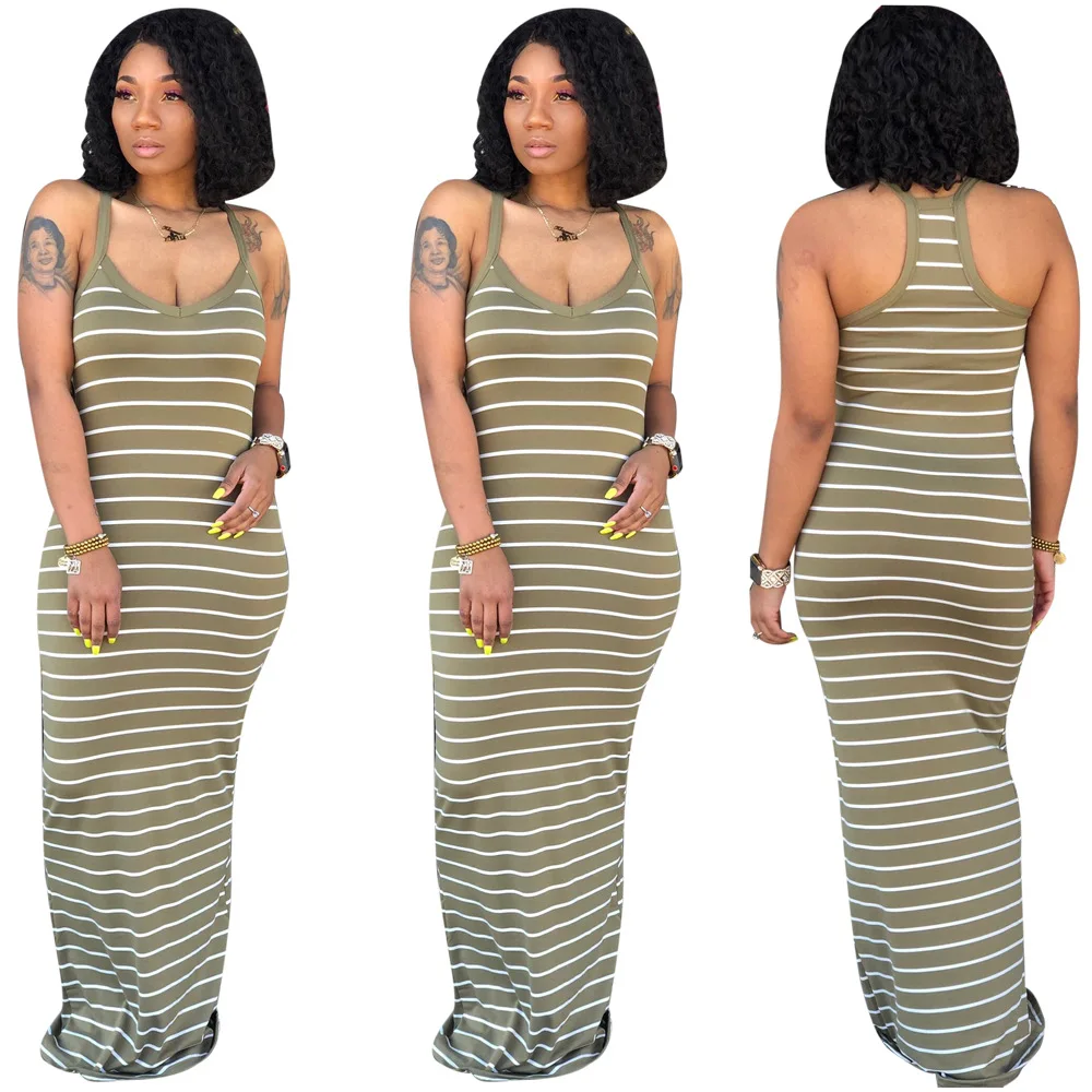 

2021 New Women Hot Summer Daily Skinny Stretch Casual Striped Floor Length Long Maxi Sexy Sleeveless Spaghetti Strap Dress S-XXL