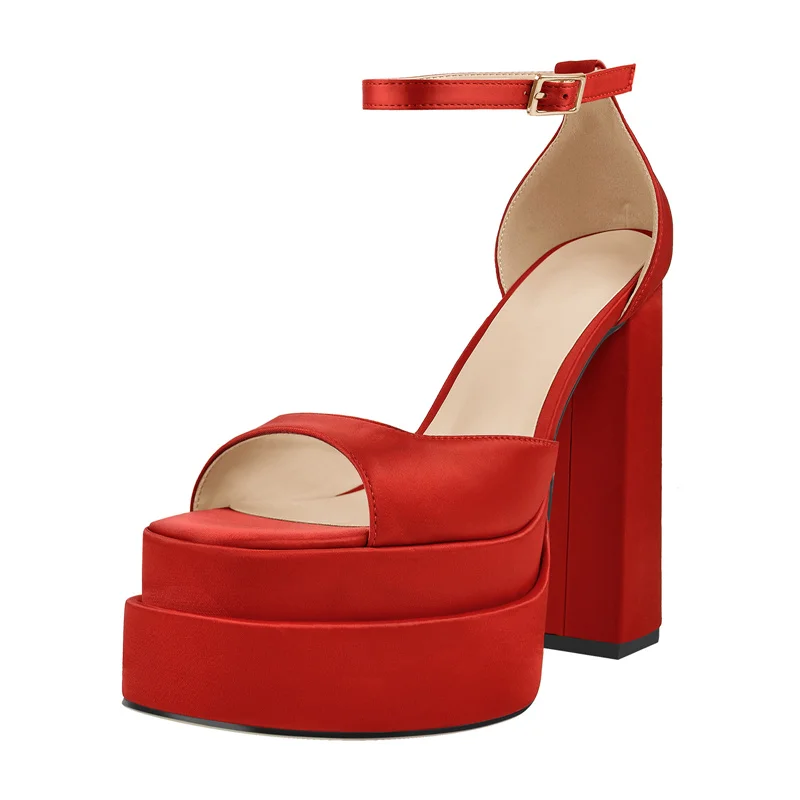 Onlymaker Women Ankle Buckle Sandals Satin Round Toe Platform Chunky High Heels Fashion Party Concise Shoes