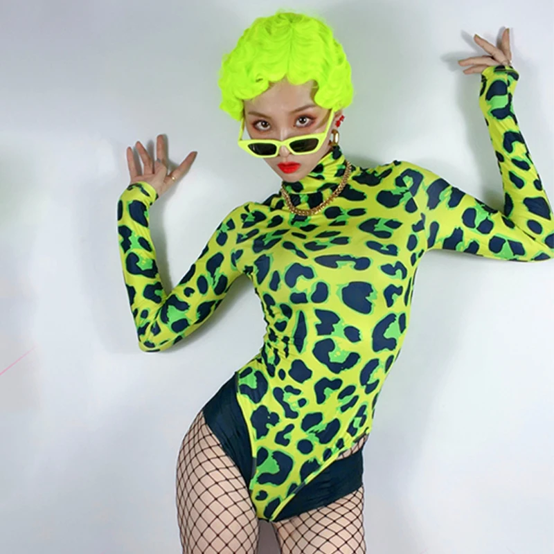 New Neon Green Leropard Bodysuit Long Sleeves Women Singer Stage Costume Jazz Gogo Dancer Pole Dance Clothing Rave Wear DNV15196