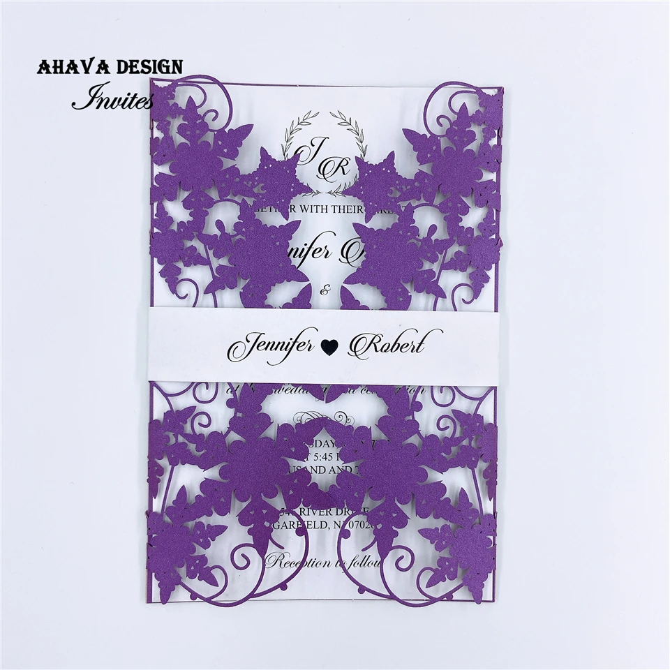 

Custom Purple laser cut wedding invitations, Handmade invitation Suite With Belly Band{Free Infinite Design Before Pay}