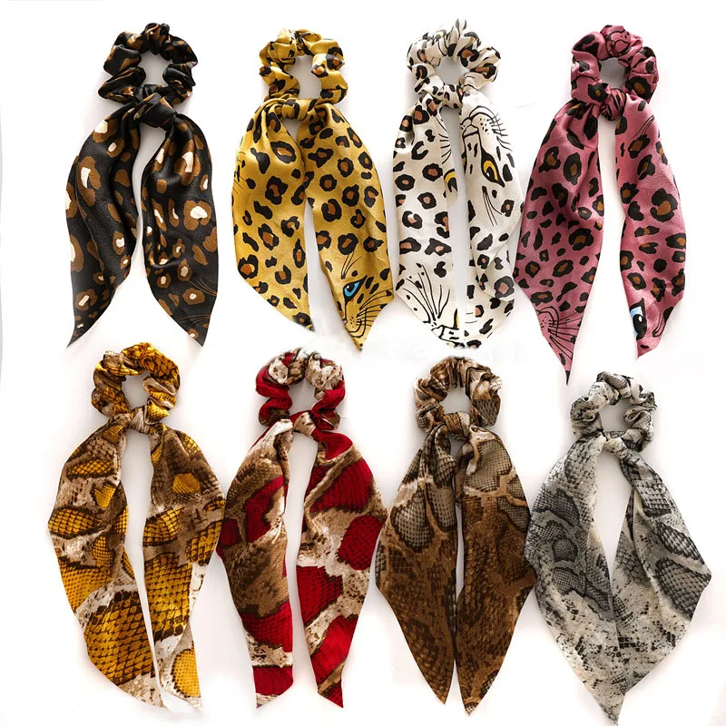 8PC/lot Long Streamers Scrunchies leopard snake printed Hair Bow Ponytail Holder Elastic Tie Hair Bands wholesale